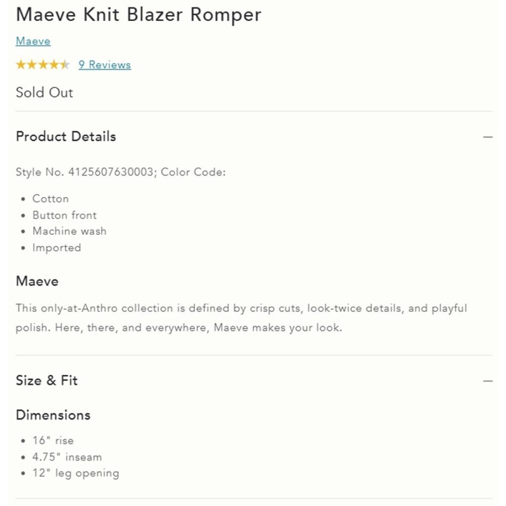 Anthropologie MAEVE Knit Cotton Blazer Romper in Sapphire Blue Size 10 NWT $138 - Picture 5 of 6